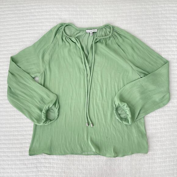 Anthropologie Tops - Maison d'Amelie 3/4 Puff Sleeve Satin Peasant Blouse in Pastel Green in Size XS